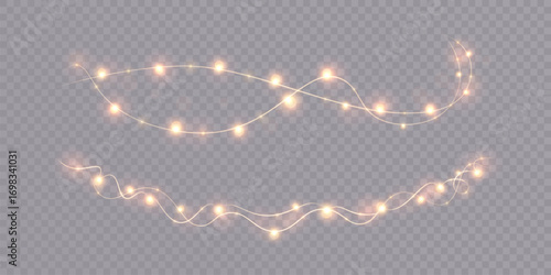 Warm, glowing golden Christmas garlands with soft round lights on a transparent background. Perfect for festive designs, holiday banners, party decorations, invitations, posters, and seasonal projects