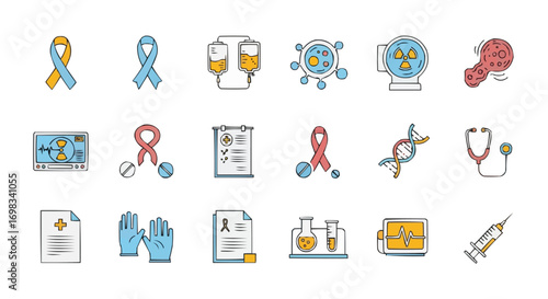 Oncology and Cancer Care Icons Set, Chemotherapy IV Bag, Radiation Machine, Tumor Cell, Awareness Ribbon Medical Pack