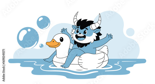 Adorable blue creature with horns enjoys a playful summer day floating on a white duck inflatable in cool blue water with bubbles