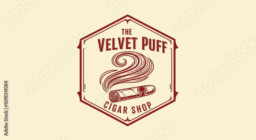 Vintage Emblem for The Velvet Puff Cigar Shop with Swirling Smoke.