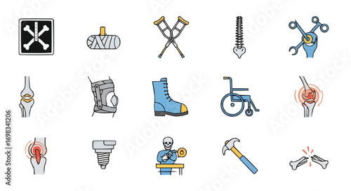 Orthopedics and Bone Health Icons Set, Medical Symbols for Joints, Bones, Fractures, and Musculoskeletal Care