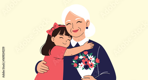 A loving granddaughter embraces her cherished grandmother holding a beautiful bouquet of flowers