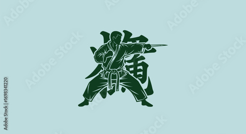 Green silhouette of a ninja warrior with a sword in a fighting stance.