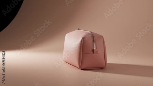 Close up of a pink cosmetic bag with a zipper on a beige background in a studio setting