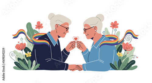 Two elderly women holding hands sharing a heart with rainbow ribbons symbolizing enduring love and pride community in a floral setting