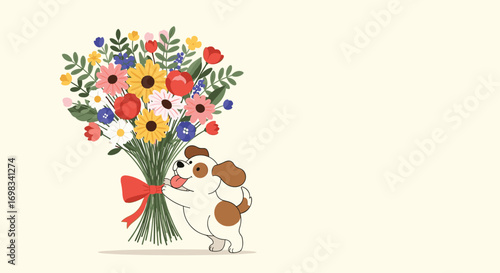 A cheerful puppy proudly carries a large colorful bouquet of wildflowers tied with a red ribbon