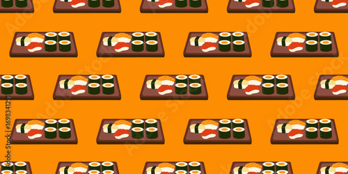 Delicious spread of sushi and rolls beautifully arranged on a wooden platter with a vibrant orange background, seamless pattern