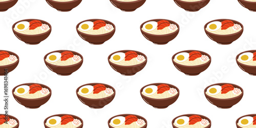 Colorful bowls of ramen with eggs, narutomaki, and broth arranged in a repeating pattern