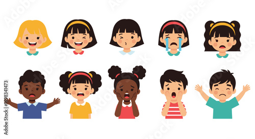 Collection of diverse children expressing a wide range of emotions and feelings through facial expressions