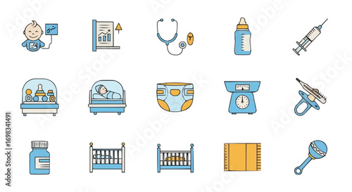 Pediatrics medical icons set, healthcare symbols for children and infants, pediatrician clinic illustrations for medicine and hospital services