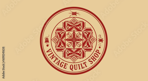 Vintage Quilt Shop Logo with Ornate Geometric Pattern.