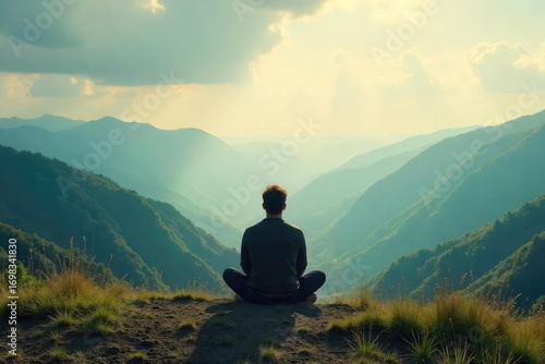 A lone figure sits cross-legged, gazing out at a serene landscape, lost in deep thought and quiet contemplation  The scene evokes a sense of peace and inner reflection ,  calm,  nature