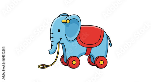 Cute Blue Elephant Pull Toy with Red Saddle and Wheels.
