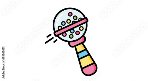 Colorful Cartoon Baby Rattle with Beads and Striped Handle.