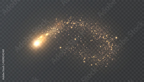 A golden, glowing, curved light trail with sparkling dust on a transparent background. Perfect for comet effects, magic spells, fantasy attacks, fireworks, and festive overlays.