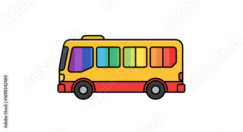 Colorful cartoon bus with rainbow windows bright yellow and red.