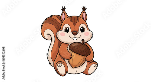 Cute Cartoon Squirrel Holding an Acorn Sitting Happily.