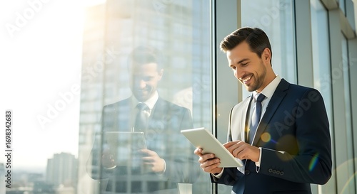 A smiling businessman in a suit uses a tablet while standing by a large window with a city reflection.