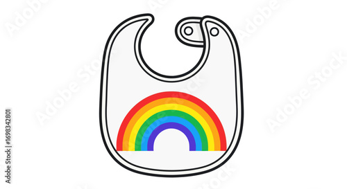 A simple line art illustration of a baby bib featuring a colorful rainbow graphic.