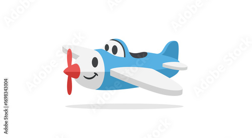 Cartoon Airplane with Smiling Face and Red Propeller.