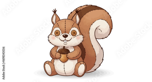 Adorable cartoon squirrel holding a brown acorn sitting and smiling.