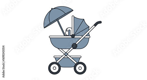 Side view illustration of a blue baby stroller with a canopy and attached parasol.