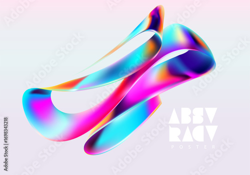 Liquid 3D iridescent shape. Abstract spiral wave ribbon. Colorful design element.
