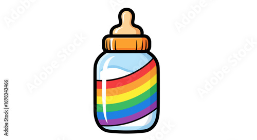 Baby bottle with rainbow stripes and milk inside.
