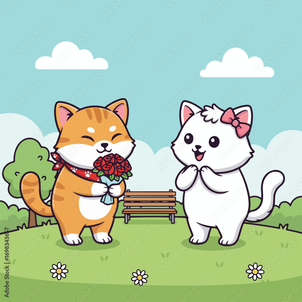 Naklejka premium A cartoon cat presents roses to a white cat with a bow in a park setting sunny with a bench