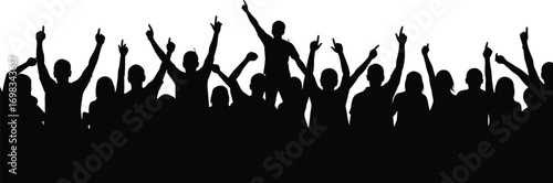 Crowd cheering silhouette with raised hands, energetic group celebration, lively audience vector, happy people, concert crowd, party excitement illustration.