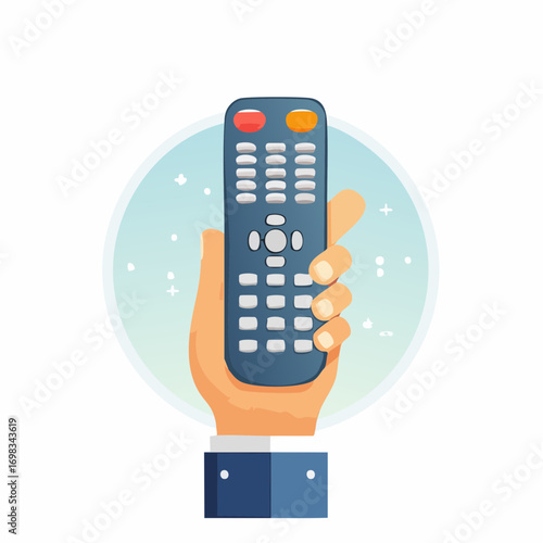 Hand Holding A Remote Control On A Blue Background