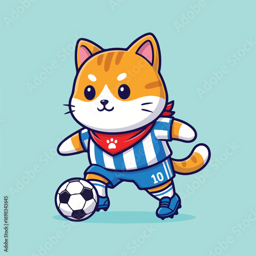 A cartoon cat in a soccer uniform dribbling a soccer ball The cat is orange white and blue The background is light blue