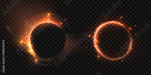 Fiery glowing circular frames with sparks and burning light effect on transparent background. Suitable for digital artworks, fantasy elements, game design, sci-fi concepts and dramatic visuals.
