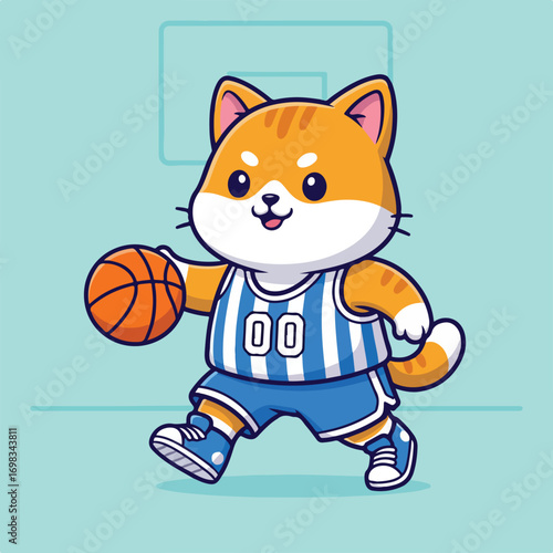 Cartoon cat in basketball uniform dribbling a basketball Basketball hoop backdrop