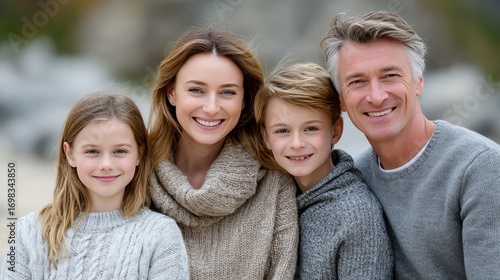 Happy family enjoying quality time on the beach, with parents and two daughters smiling together in a close and warm moment.