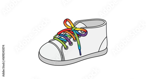 A simple line drawing of a white baby shoe with colorful rainbow shoelaces.