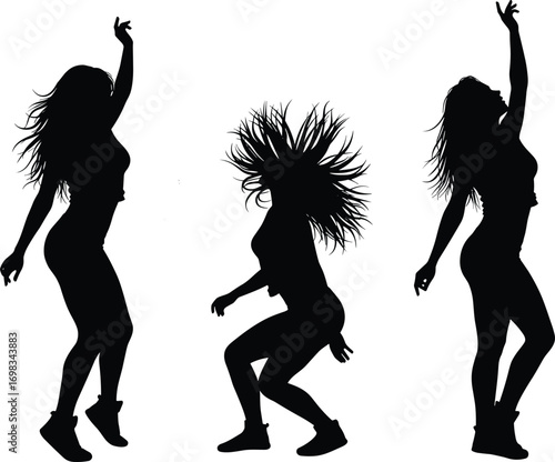 Dancing woman silhouettes with energetic poses and flowing hair, vector illustration for party, club, dance event, or music festival designs.