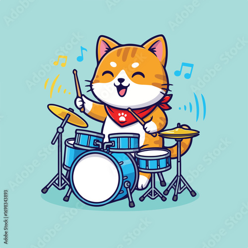 Orange cat playing drums wearing a red bandana Drum set is blue with musical notes in the background