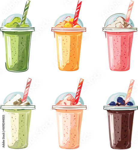Vector set of colorful smoothies in plastic cups with straws isolated on white. Fresh fruit smoothie collection – milkshakes and cold drinks vector illustration
