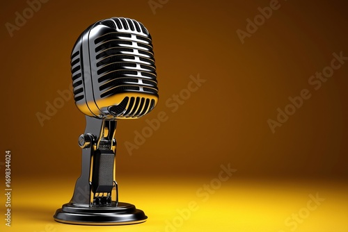 Retro style microphone on a simple dark yellow background, space for text, banner.
