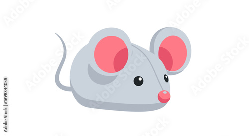 Cartoon Mouse with Pink Ears and Nose Gray Fur and a Curled Tail.