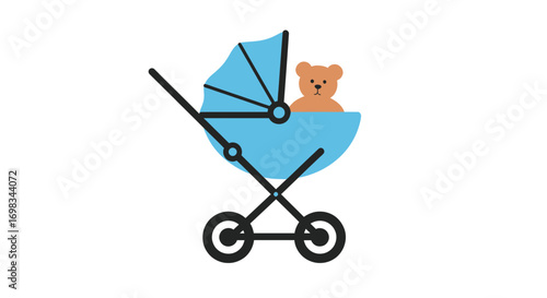 Cartoon Illustration of a Blue Baby Stroller with Teddy Bear.