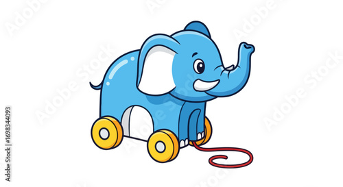 Adorable blue cartoon elephant pull toy with yellow wheels and string.