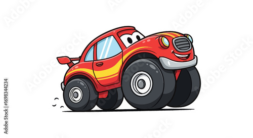 Adorable Cartoon Red Monster Truck Car with Big Wheels and Yellow Stripes.