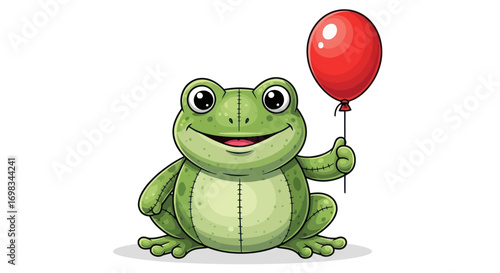 Cute Cartoon Green Frog Holding a Red Balloon.