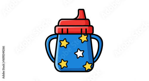 Cartoon Baby Sippy Cup with Red Lid and Blue Body with Star Pattern.