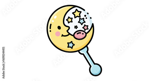 Cute cartoon baby rattle shaped like a yellow crescent moon with stars.