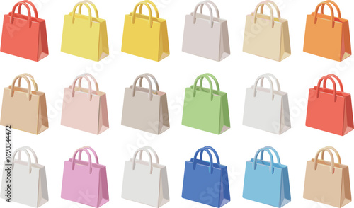 Colorful shopping bags collection, retail packaging design, paper gift bags, eco friendly shopping icons, market store purchase, fashion packaging set