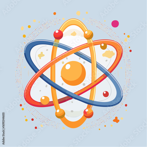 Abstract Atom Structure with Egg Yolk Center and Elliptical Orbits on Light Blue Backdrop