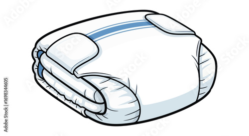 Folded White Baby Diaper with Blue Stripes and Tabs.